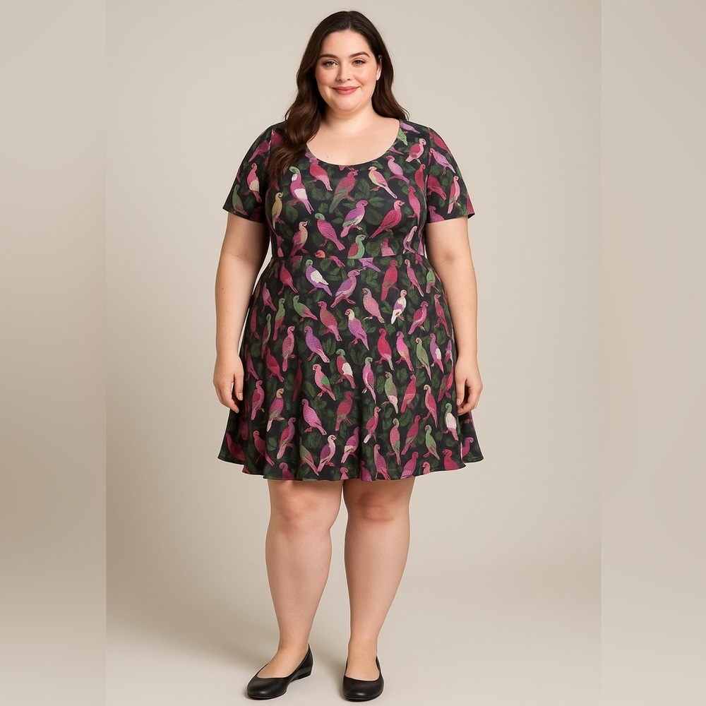 Unique Vintage Gwynnie Bee birds print fit and flare dress short sleeves, 3X